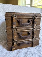 Vintage Three Hands Corp Leather Stacked Suitcase Storage Box HTF Grunge Look picture
