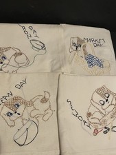 Lot of 4 Vintage Tea Towels Embroidered Puppy Chores 33 Inch Handmade Cotton picture