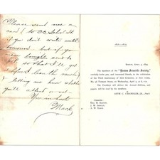 1879 Boston Scientific Society Third Anniversary Invitation Seth Chandler AF4-2 picture