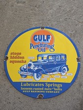 Vintage Gulf Gasoline Sign - Porcelain Enamel Penetrating Oil Gas Station Sign picture