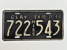 1944 Mississippi License Plate RE-STAMPED WWII Issue Clay County All Original picture