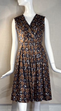 OSCAR DE LA RENTA Brown & Navy Print Silk Day Dress SIZE 6, VTG Pre-Fall 2009 picture
