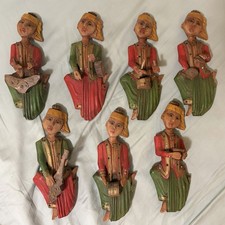 7 VTG Hand Carved Painted Wood Burmese Musicians Wall Hangings Figures MCM Retro picture