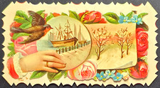 Antique Victorian Scrap Die Cut Hand Bird Ship & Winter Scene Embossed 1800s picture