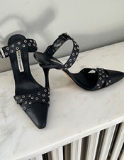 Manolo Blahnik Black Leather Strappy Ankle Strap Pointed Toe Heels 9.5 Grommeted picture