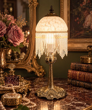 Antique Art Nouveau Table Lamp Vintage Opaline Glass Beaded Fringe Shade picture