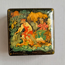 Russian Palekh Hand-Painted Black Lacquer Box Fairy Tale Scene, Red Interior picture
