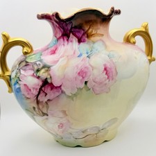 Antique JPL Limoges France Gold Handles Pillow Vase Hand Painted Pink Roses picture