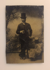 Antique 1860s Tintype Man Smoking Cigar Top Hat Beard Civil War Era Photo picture