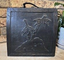 Boho Vintage Hand-Carved Wood Record Case Portable Trunk Suitcase Leather handle picture