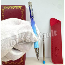 CARTIER Blue Gradient Lacquer Ballpoint Pen Silver Engraved Trim w/ Box, Refill picture