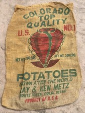 VTG Colorado Top Quality Potatoes Burlap Bag 100 lbs Gunny Sack Rare Antique htf picture