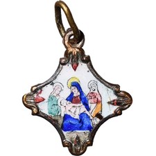 VINTAGE THE PIETA RELIGIOUS MEDAL OLD HAND PAINTED ENAMEL PENDANT picture