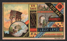 VICTORIAN TRADE CARD~ZIG ZAG BOOKS~JOURNEYS IN CLASSIC LANDS~POUGHKEEPSIE NY picture