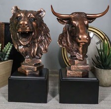 Stock Market Roaring Bear And Bull Bust Bronze Electroplated Resin Figurines Set picture