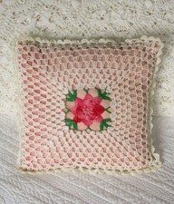 Vintage Rosettes Crochet Lace Throw Pillow Pink & Ivory Boudoir Square picture
