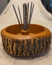Vtg Wooden Nut Bowl Rustic Tree Bark MCM w/ Nutcracker & 6 Metal Picks see PIC picture