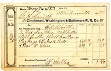 1883 Cincinnati, Washington & Baltimore Railroad Freight Receipt Chillicothe picture