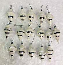 16 VTG. SILVER MERCURY BLOWN GLASS TEARDROP ORNAMENTS W/BANDS OF GLITTERY MICA picture