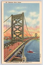 Postcard Delaware River Suspension Bridge Connects Philadelphia Pa Camden NJ picture