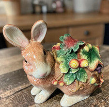 Autumn Splendor Fitz & Floyd Bunny Rabbit Candy Cookie Jar Multicolor Fall VTG picture