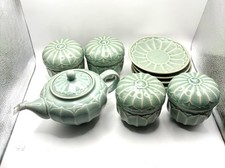 Vintage Chinese Longquan Celadon Tea Set Signed Huang Niu Pumpkin 18pc picture