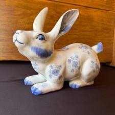 Vintage Ceramic Bunny Rabbit Blue White Floral Elegant Cottage Easter Decor picture