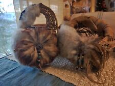 TWO Hand Made Native American Wall Pocket Baskets with Real Fur and Feathers picture
