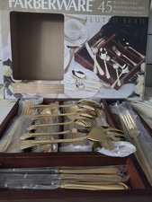 Vintage Farberware 24kT Gold Plated 45 Pieces Flatware Set Fluted Bead Design picture