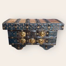Antique Vintage Indian Iron & Brass Pitara Wood Chest picture