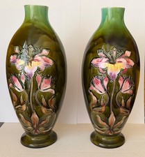 Antique Art Nouveau Amphora Bohemia Pottery Vases Austria Woman Floral Ceramic picture