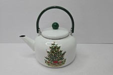 Vintage Christmas Tree Enamel Teapot Tea Kettle Handle Cute Holiday Decor picture