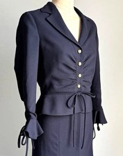 Valentino Navy 100% Wool Ruched Tie Waist Blazer Jacket Long Sleeve Size 4 picture
