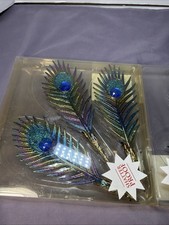 Christmas Plastic Clip Peacock Feathers Set Of 6 Shatterproof ~ Beautiful picture
