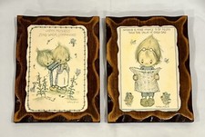 Vintage 1970s Hallmark Betsey Clark Wood Wall Plaques Set Of 2 Whimsical Decor picture