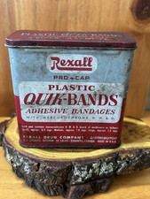 Vintage REXALL Quik-Bands Bandage First Aid Kit Metal Box Tin Early Tin picture