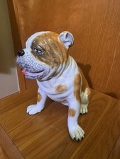 Vtg Hand Painted Ceramic English Bulldog Statue Sitting White And Tan 8” Tall picture