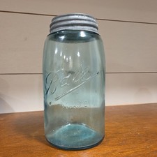Vtg 1900 Ball Mason Jar Triple L Aqua Blue Mold 1 LARGE Bubble Zinc Lid PRISTINE picture
