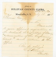 1868 Sullivan Co NY Clerk Letter  Supreme Court Signature Request CG Morris picture