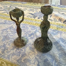 Vintage Pair of Cast Bronze Asian Guanyin Figurines and Godess Candle 4 inch  picture