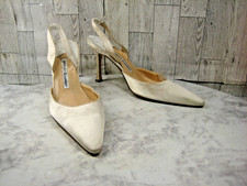 Manolo Blahnik Heel Pumps Women 8.5M Shoes Beige Satin Ankle Strap Wedding Party picture