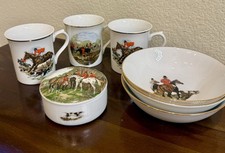 Vintage English Bone China Fox Hunt Equestrian 7 pc Lot Mugs Bowls Trinket Box picture