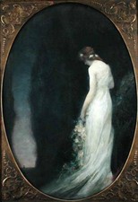 Oil painting Nice young woman wearing white dress holding flower in sunset scene picture