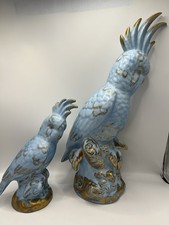 Pair Large Vtg Blue Gold Porcelain Cockatoo Parrots 20” & 11”  Hollywood Regency picture