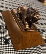 Antique Hardwood Mounted Solid Bronze Lion Figurine Statuette Paperweight  picture