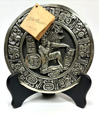 Vtg Mayan Aztec Ball Player Ulama Game Silver Plated Terra Cotta Disk Zodiac picture