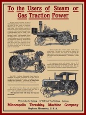 1912 Minneapolis Threshing Machine Steam & Gas Tractors NEW Metal Sign: 12x16