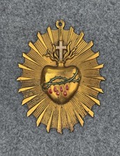 Vintage Sacred Heart of Jesus Wall Hanging Metal Catholic Devotional Gold Tone picture