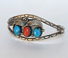 Gorgeous Vintage Turquoise & Coral Sterling Silver Cuff picture