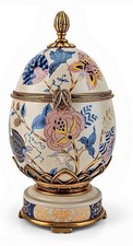 Colorful Hinged Porcelain Egg-Shape Box. Hand Painted. Bronze Trim, Base (11